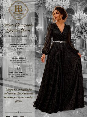 Luxury Black Glitter Evening Dress | Long Sleeve Formal Gown Elegant Maxi Dress